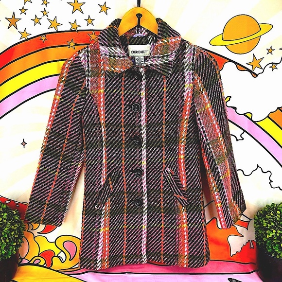 {Cherokee} Vintage Pink & Plaid Striped Mid-Length Wool Coat, Authentic Original - Picture 1 of 15